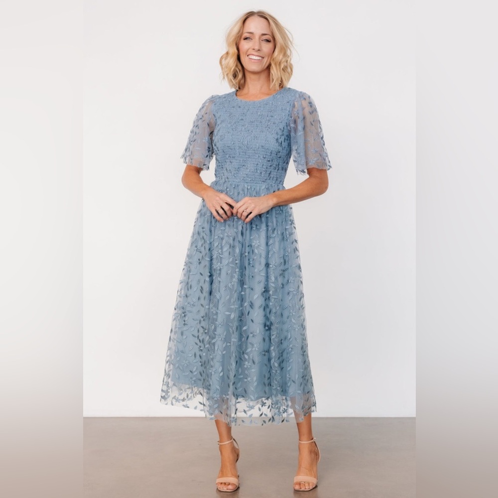 Elegant Dusty Blue Lace Midi Dress - Women's